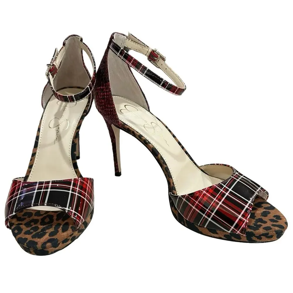 Jessica Simpson daisile  faux leather heels plaid leopard‎ snakeskin 9M /40 NWOT - Picture 3 of 9